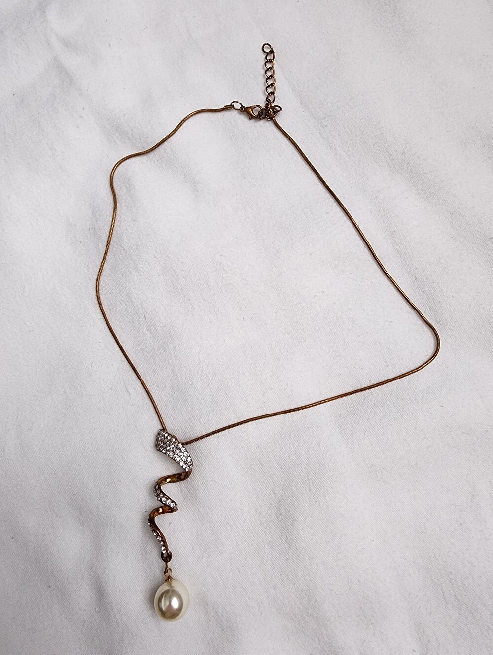 Gold Bronze Snake Pendant Necklace with Pearl Drop